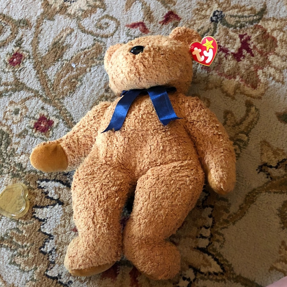 Ty Plush Brown Teddy Bear with Blue Ribbon Fuzz beanie buddy